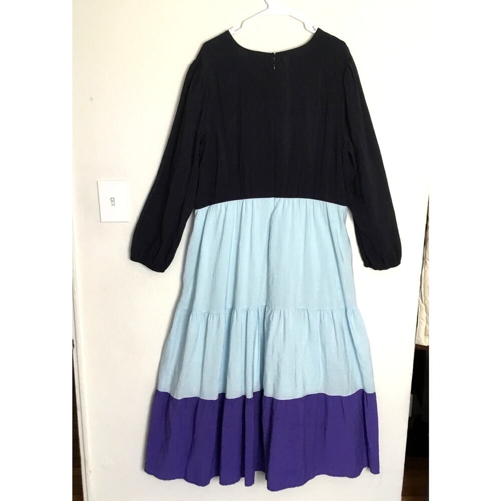 Lane Bryant Tiered Crepe Maxi Dress Blue Colorblock Long Sleeves v neck Sz 22P - Picture 5 of 10